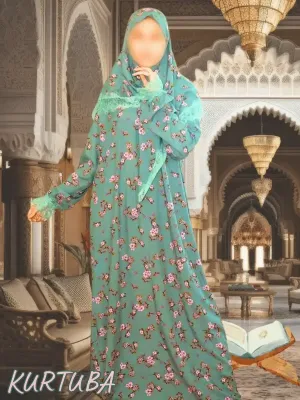 Abaya With Scarf Green Floral Print Fatiha