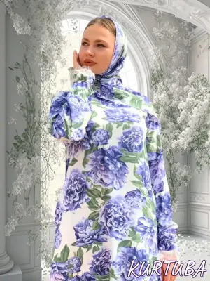 Abaya With Scarf White Blue Floral Print Anika