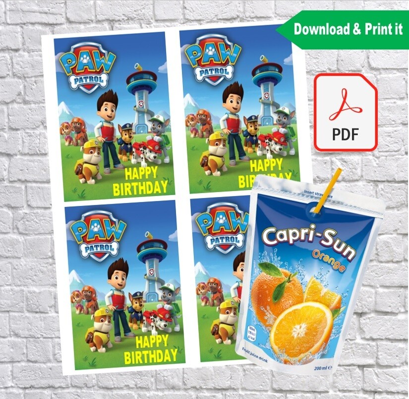 Paw Patrol Birthday Party Capri Sun Labels Printable