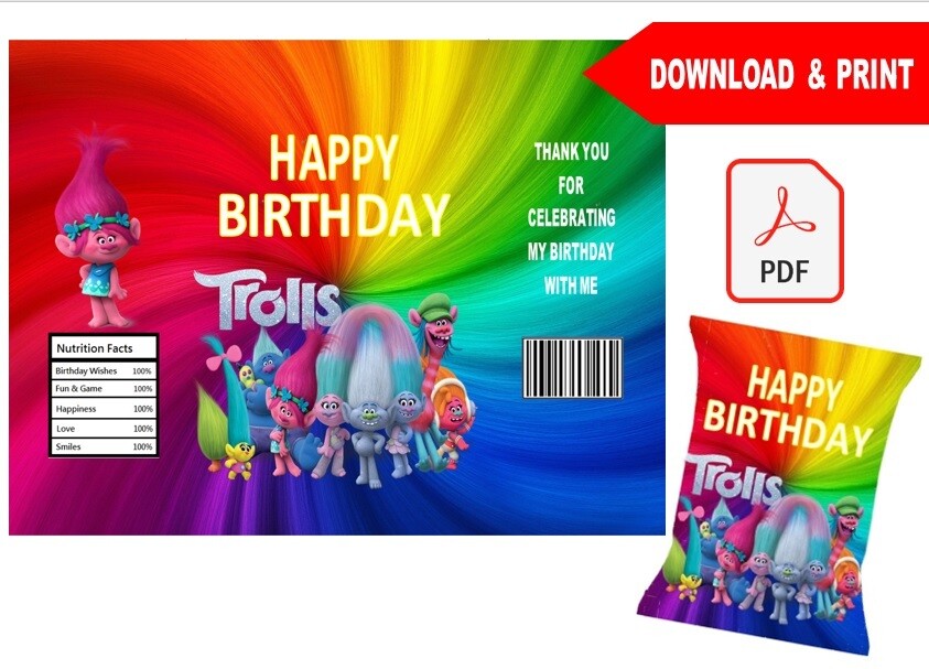 Trolls Poppy Party Favors Chip Bag Wrapper Printable