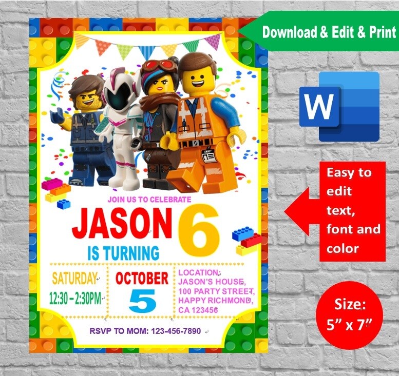 Lego Movie Birthday Party Invitation template