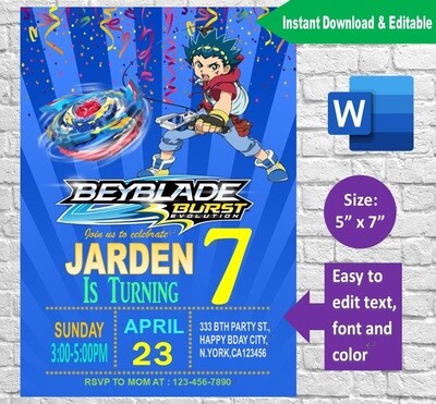 Beyblade Burst Invitation Template Printable Editable