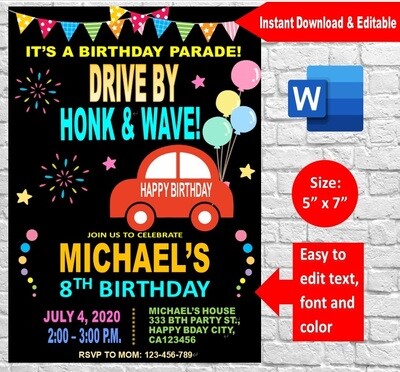 Drive by Birthday Parade Party Invitation template