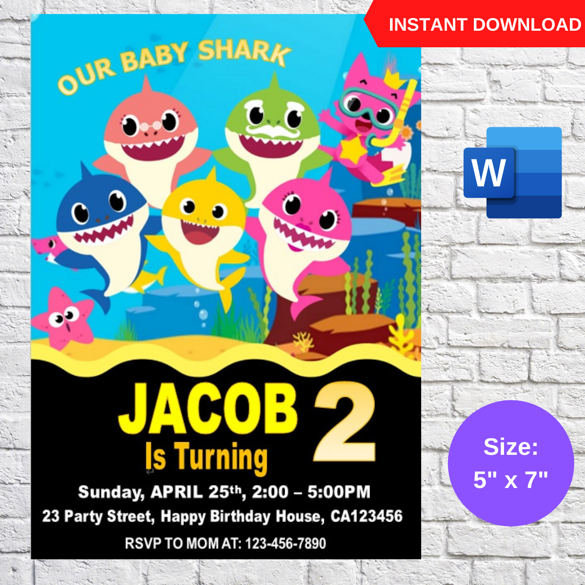 Baby Shark Birthday Party Invitation template Printable