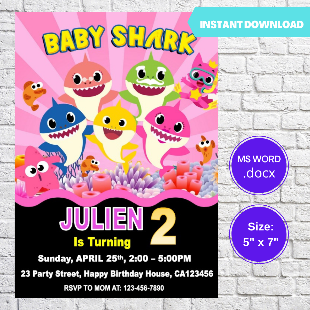 Baby Shark Pink Girls Birthday Invitation Template Baby Shark Pink Girls Birthday Invitation Template