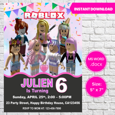 Roblox Game Girls Birthday Invitation Template