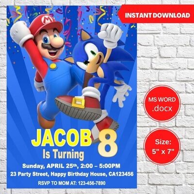 Sonic and Super Mario Bros Party Birthday Invitation