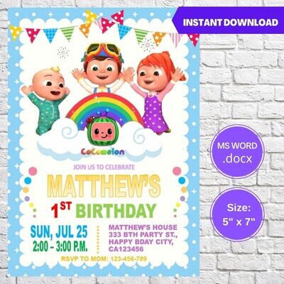 Cocomelon JJ Boy Birthday Party Invitation Template