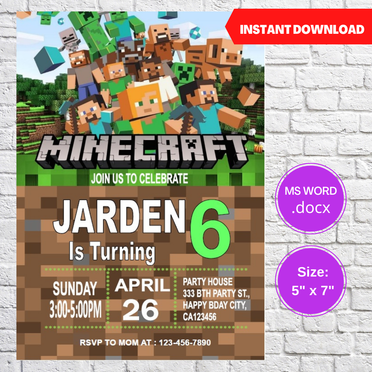 Minecraft Birthday Party Invitation