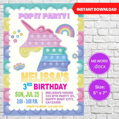 Pop It Unicorn Party Birthday Invitation Template