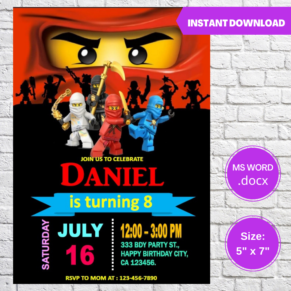 Ninjago Lego Birthday Party Invitation template