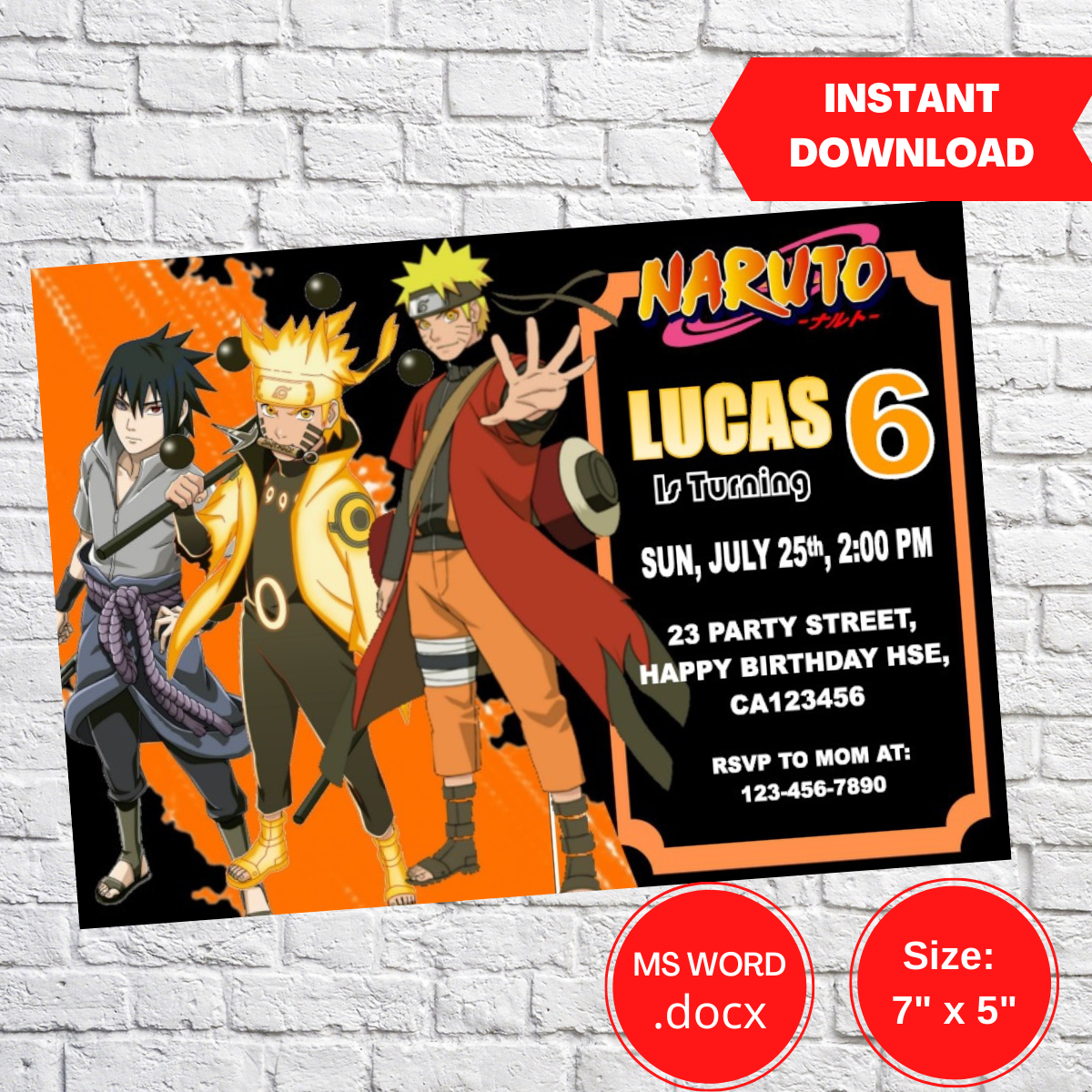 Naruto Anime Birthday Invitation Template