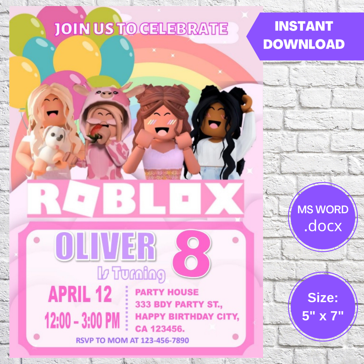 Roblox Girls Birthday Invitation Printable