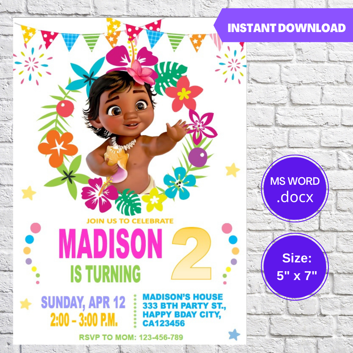 Baby Moana Birthday Invitation Template