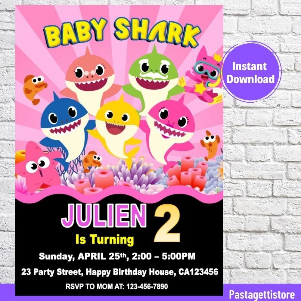 Baby Shark Pink Girls Birthday Invitation Template
