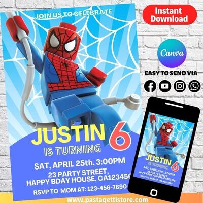 Spiderman Lego Birthday Party Invitation Printable