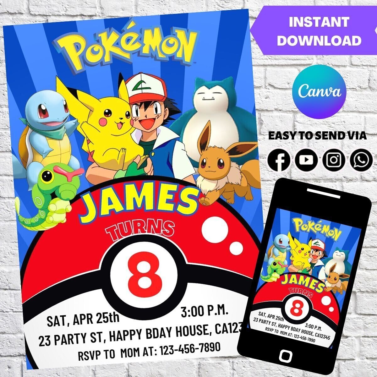 Pokemon Go Pikachu Birthday Party Invitation Template