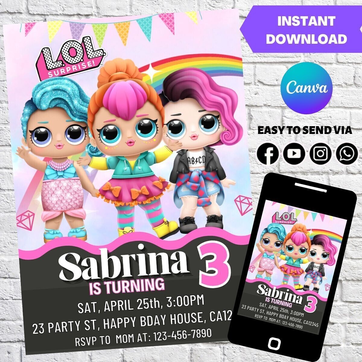 LOL Surprise Dolls Birthday Party Invitation template
