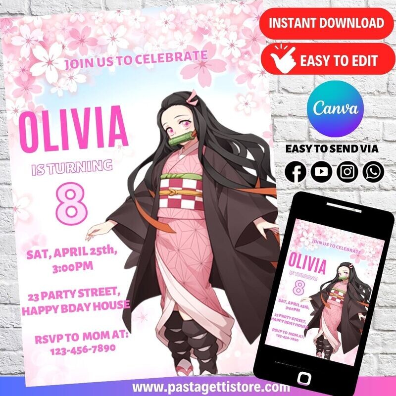 Demon Slayer Nezuko Birthday Invitation Template