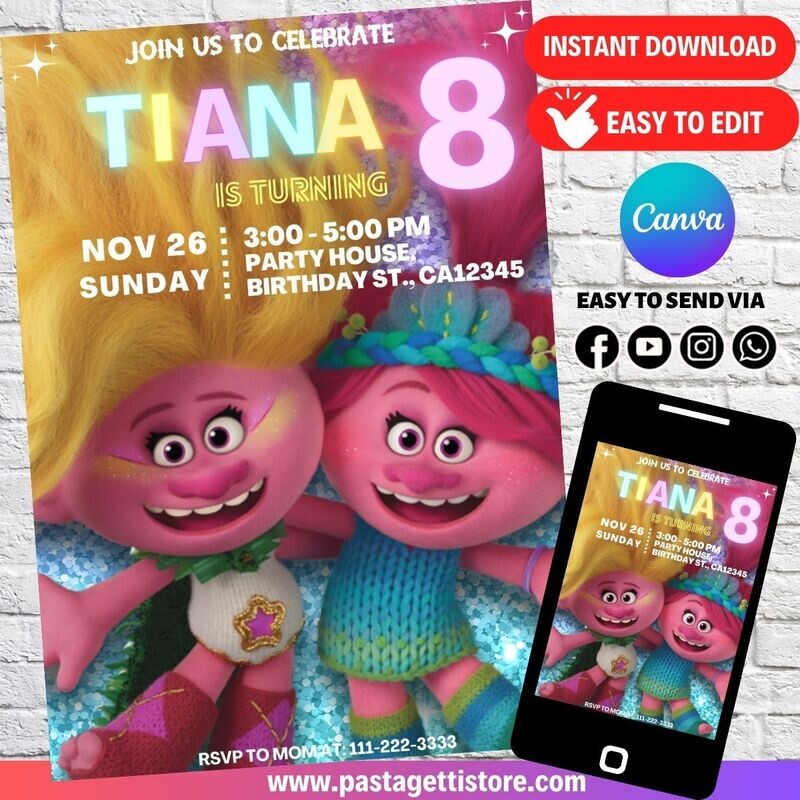 Trolls Birthday Invitation Template