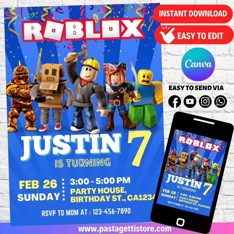 Roblox Birthday Party Invitation template Printable