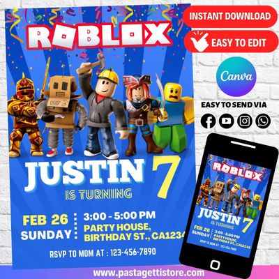 Roblox Birthday Party Invitation template Printable