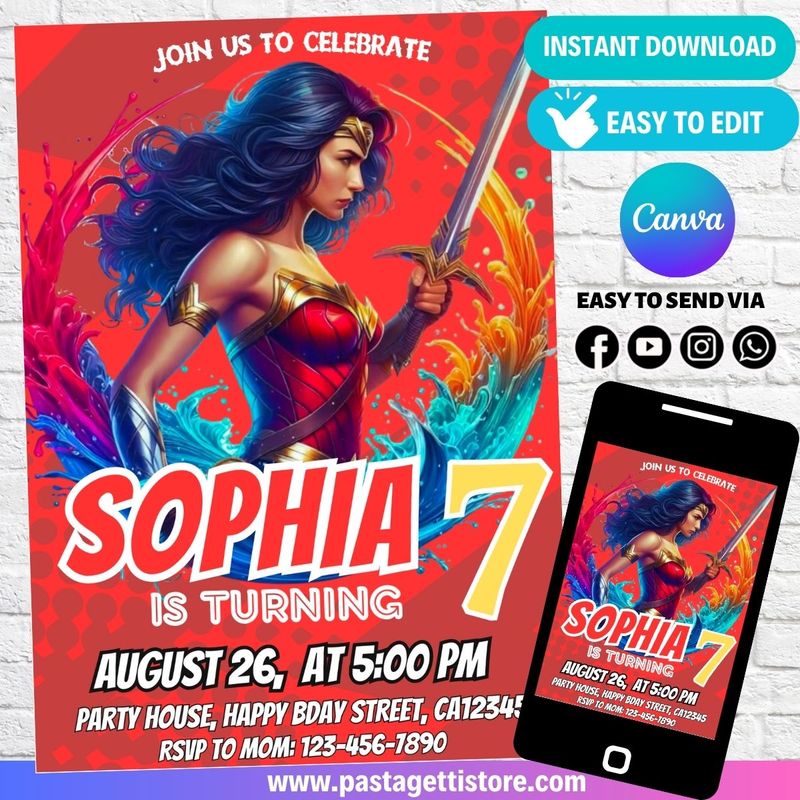 Wonder Woman Birthday Invitation Template