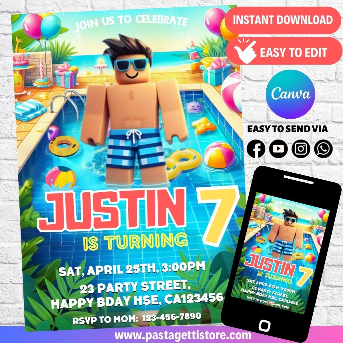 Roblox Pool Party Birthday Invitation Template