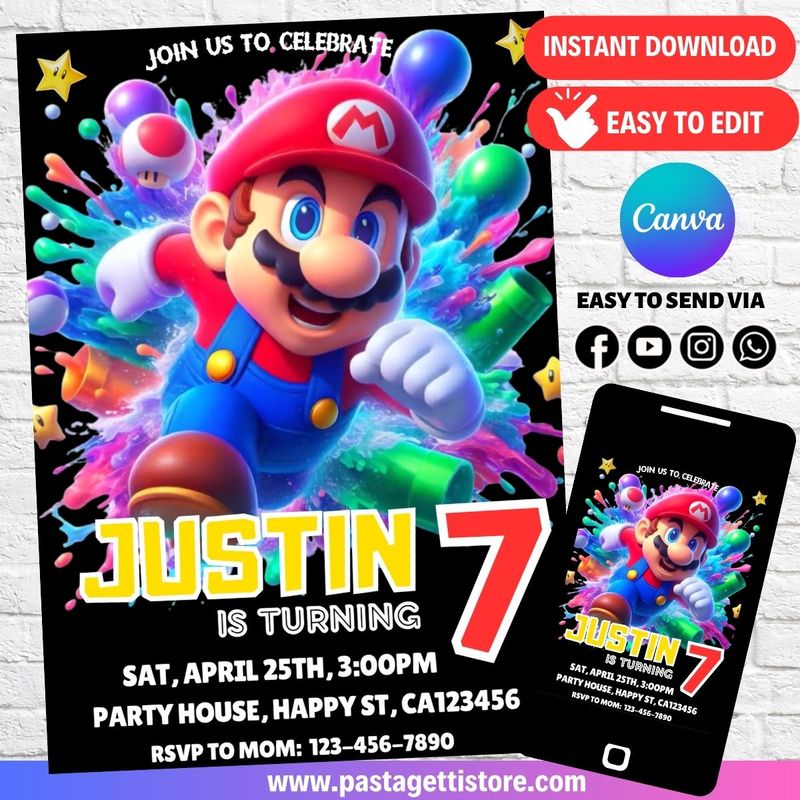 Super Mario Birthday Invitation Template Canva