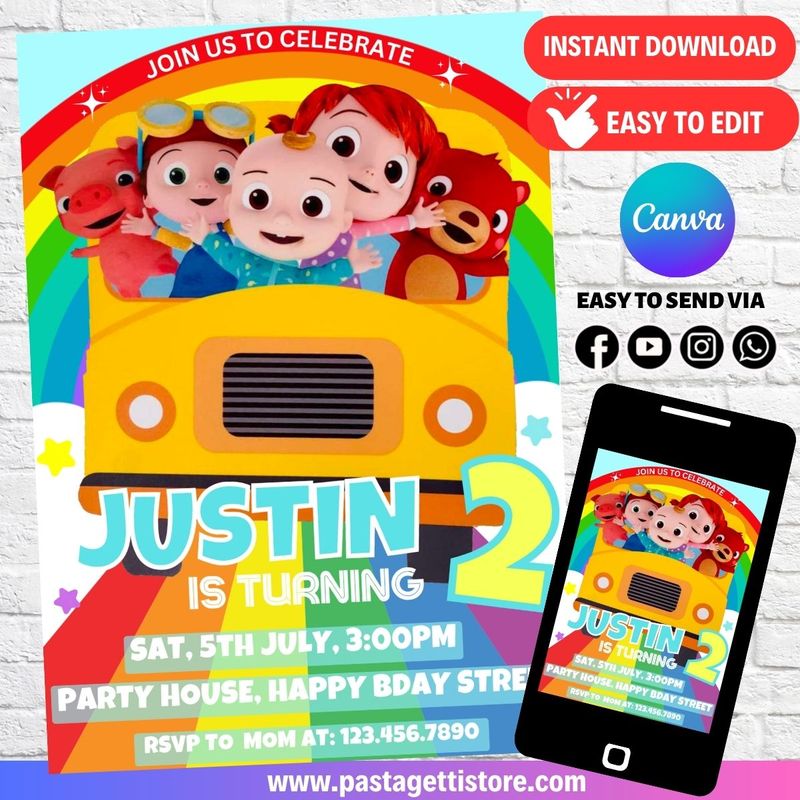 Cocomelon The Wheels on the Bus Invitation Template