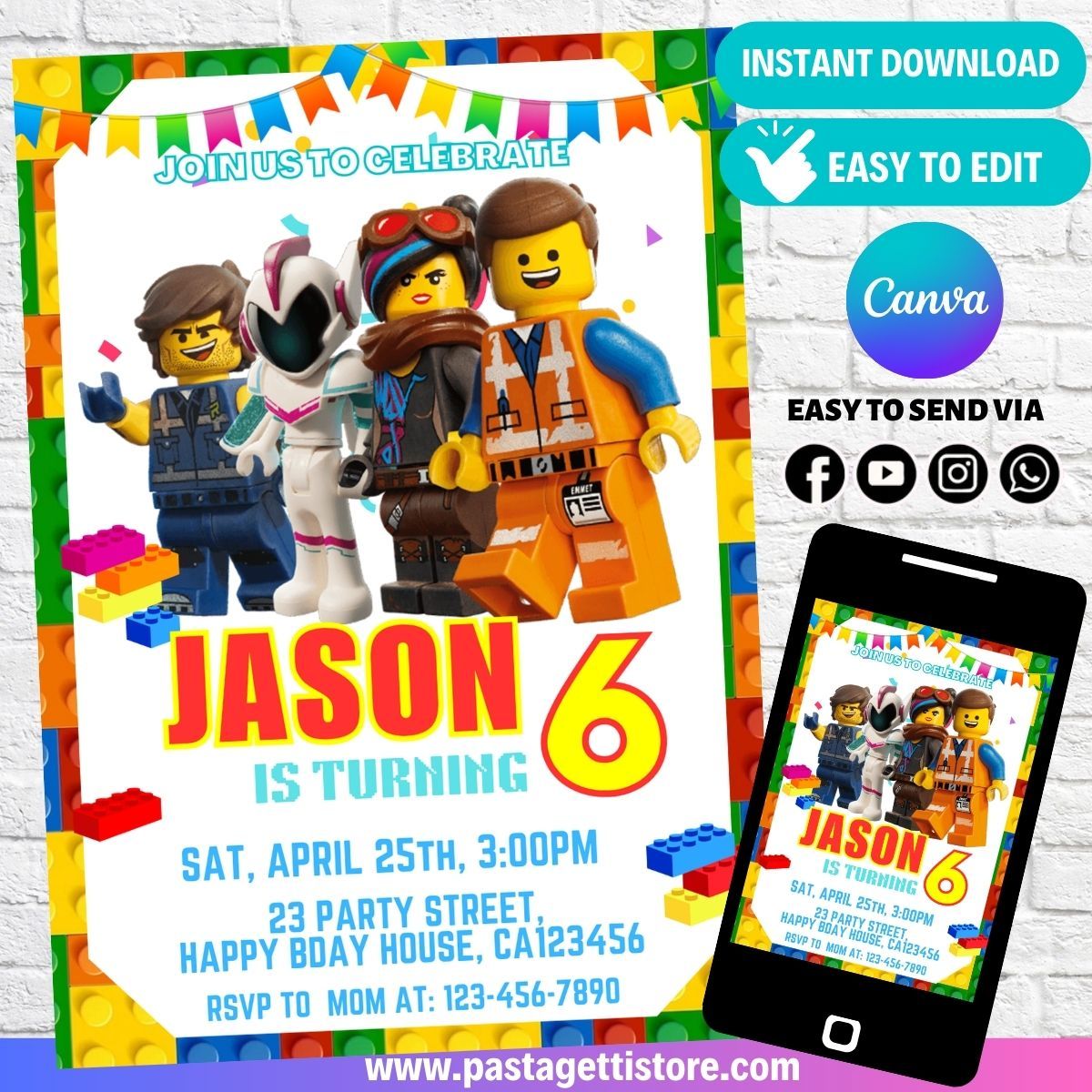 Lego Movie Birthday Party Invitation template