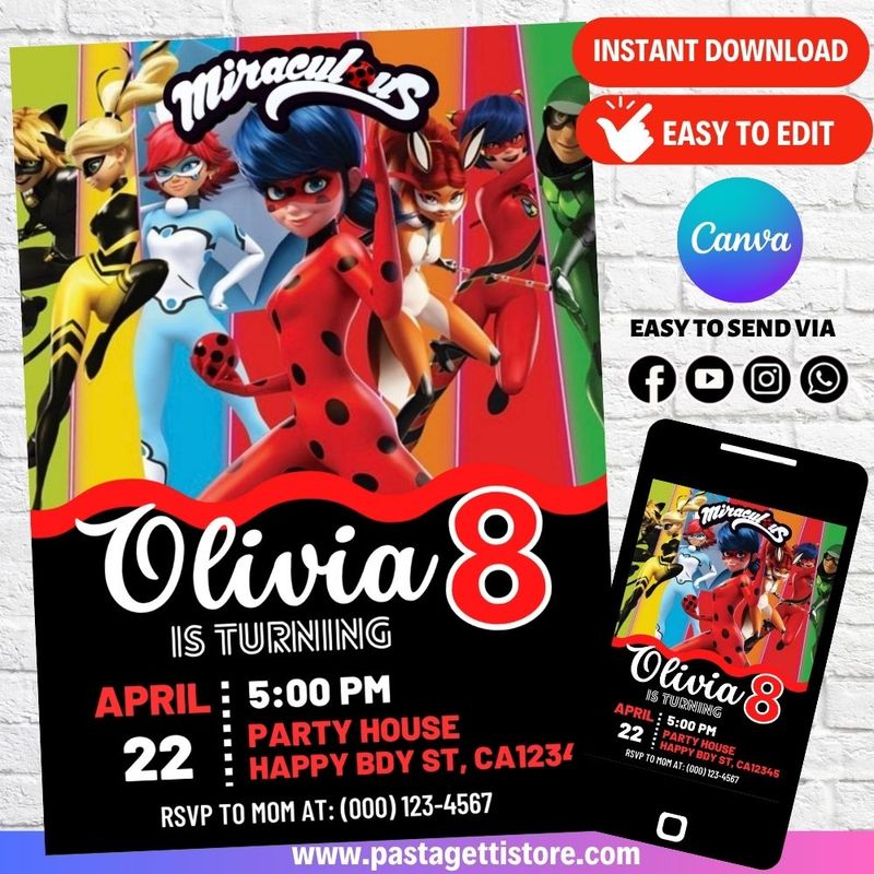 Miraculous Ladybug Birthday Invitation Template