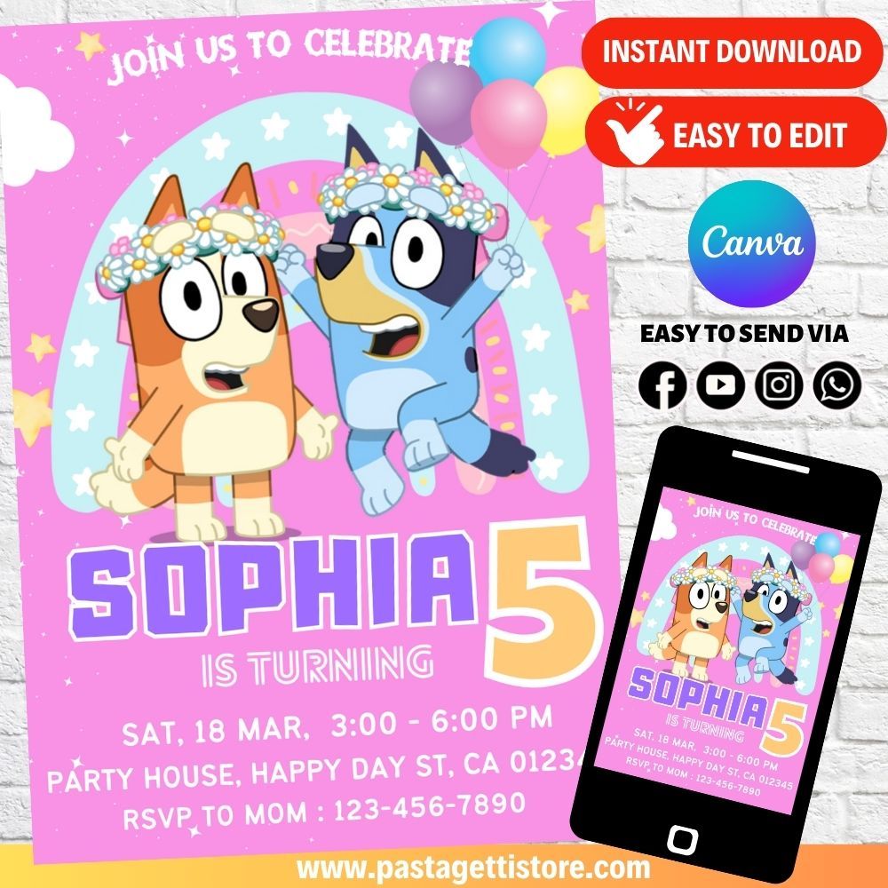 Bluey Bingo Girl Birthday Invitation Template