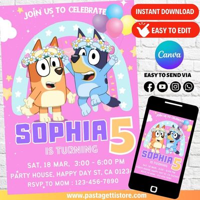 Bluey Bingo Girl Birthday Invitation Template