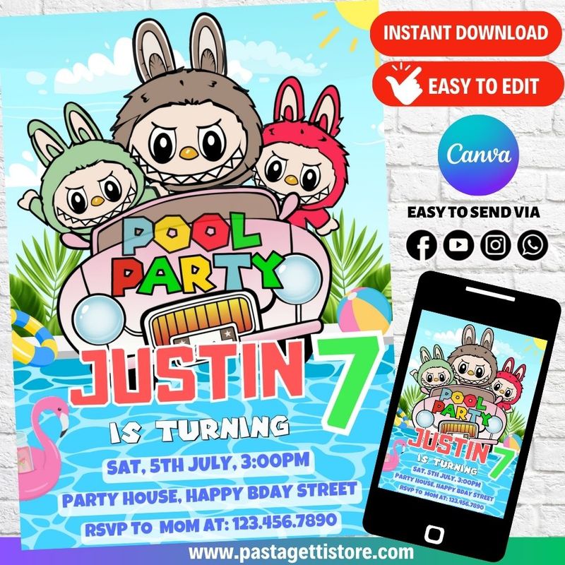 Labubu Pool Party Birthday Invitation