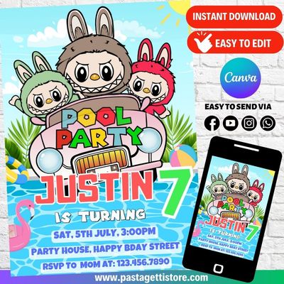 Labubu Pool Party Birthday Invitation