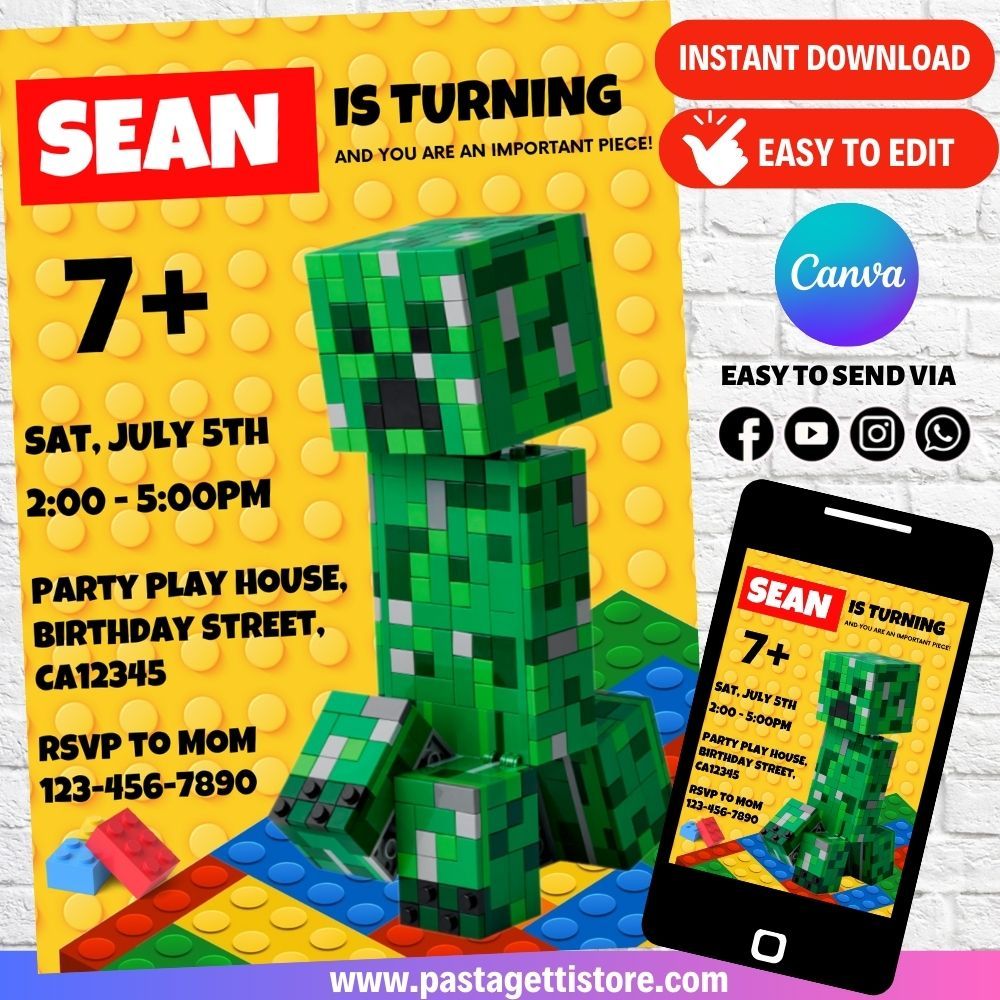 Minecraft Ceeper Birthday Invitation Template