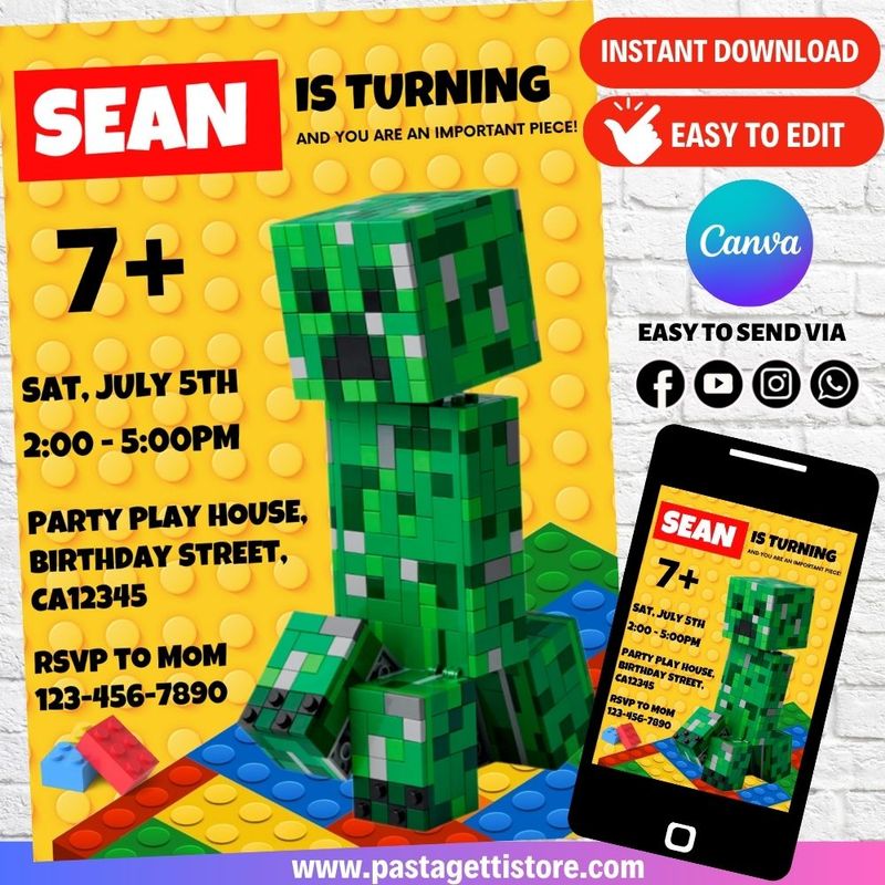Minecraft Ceeper Birthday Invitation Template