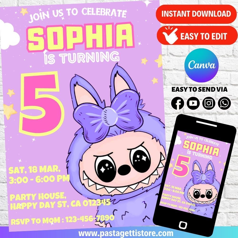 Labubu Birthday Invitation Template Purple