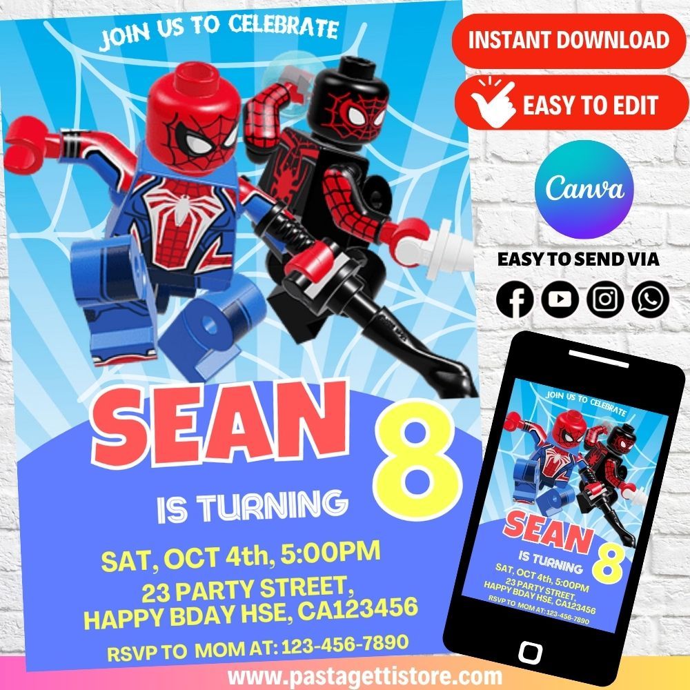 Lego Spiderman Birthday Invitation Digital