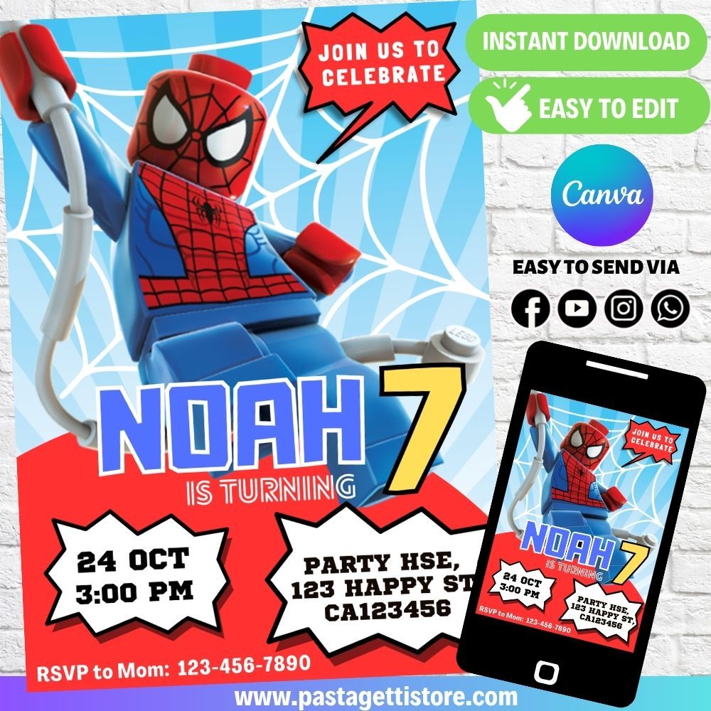 Spiderman Lego Birthday Party Invitation Printable