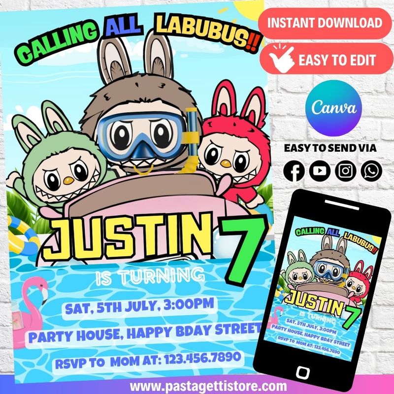 Labubu Pool Party Birthday Invitation