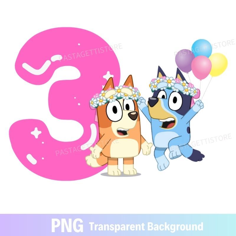 Bluey Bingo Girl 3rd Birthday PNG Three