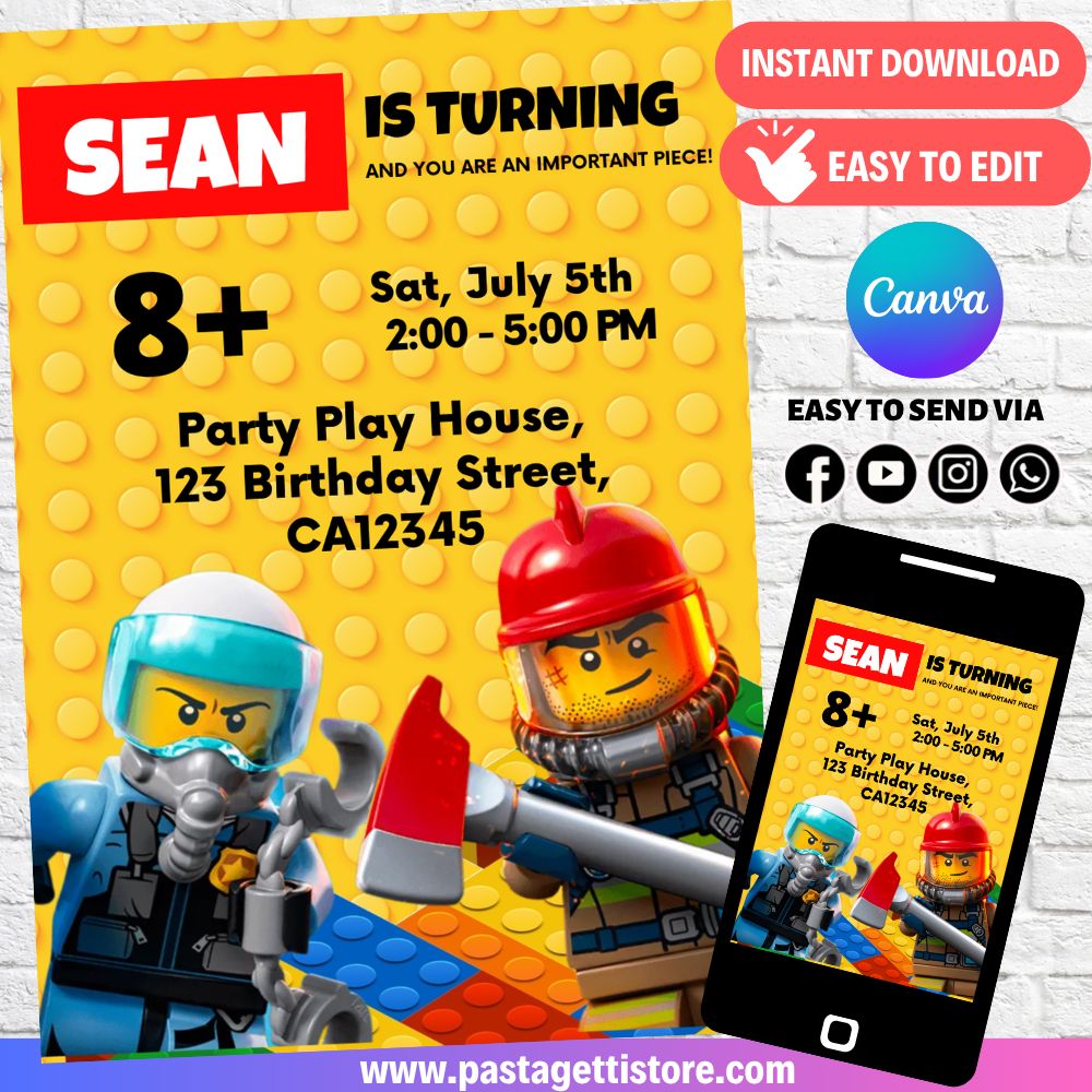 Lego City Birthday Invitation Digital Template