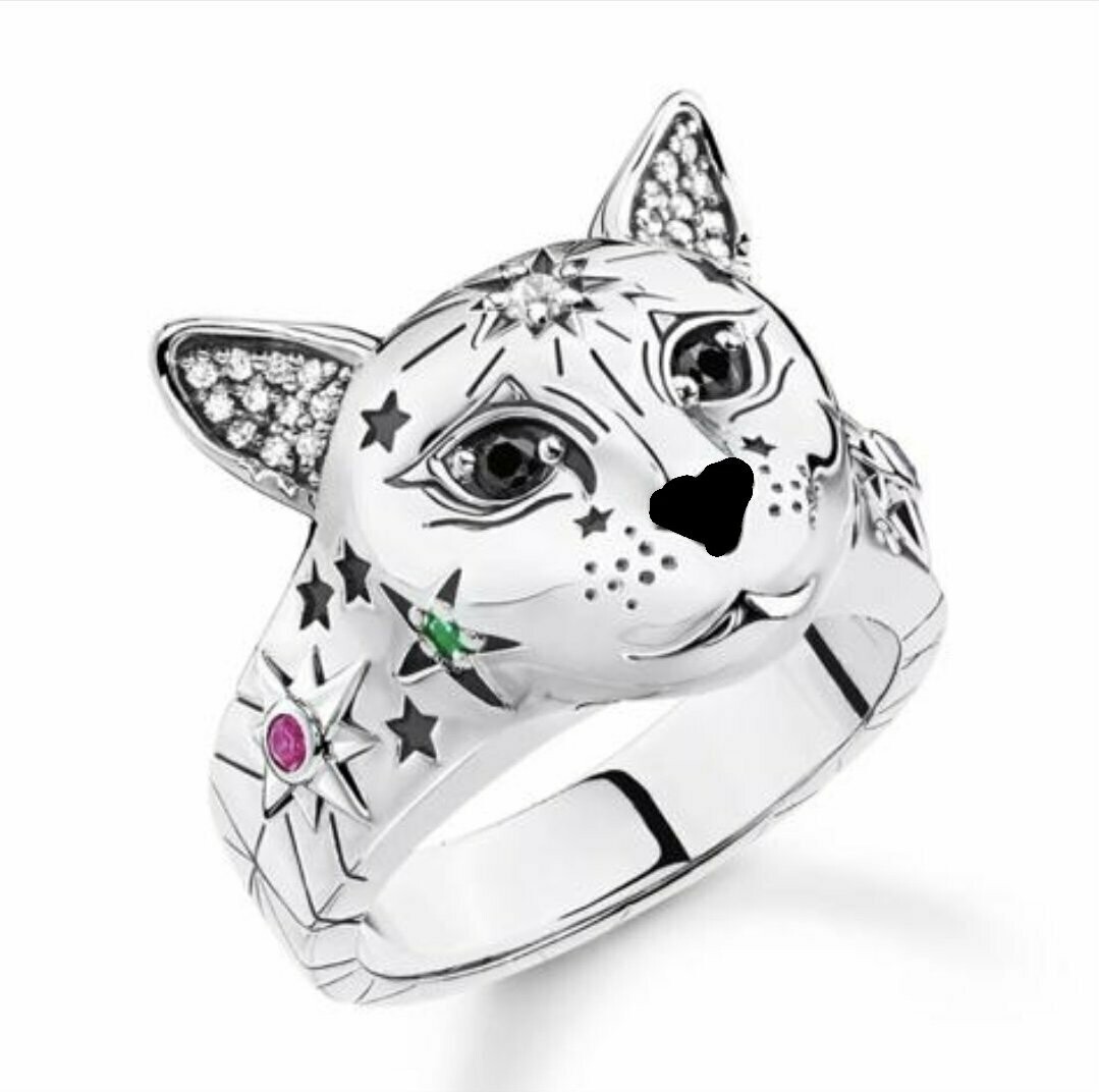 Einzigartiger Katzen Ring, Farbe: Silber Größe 6