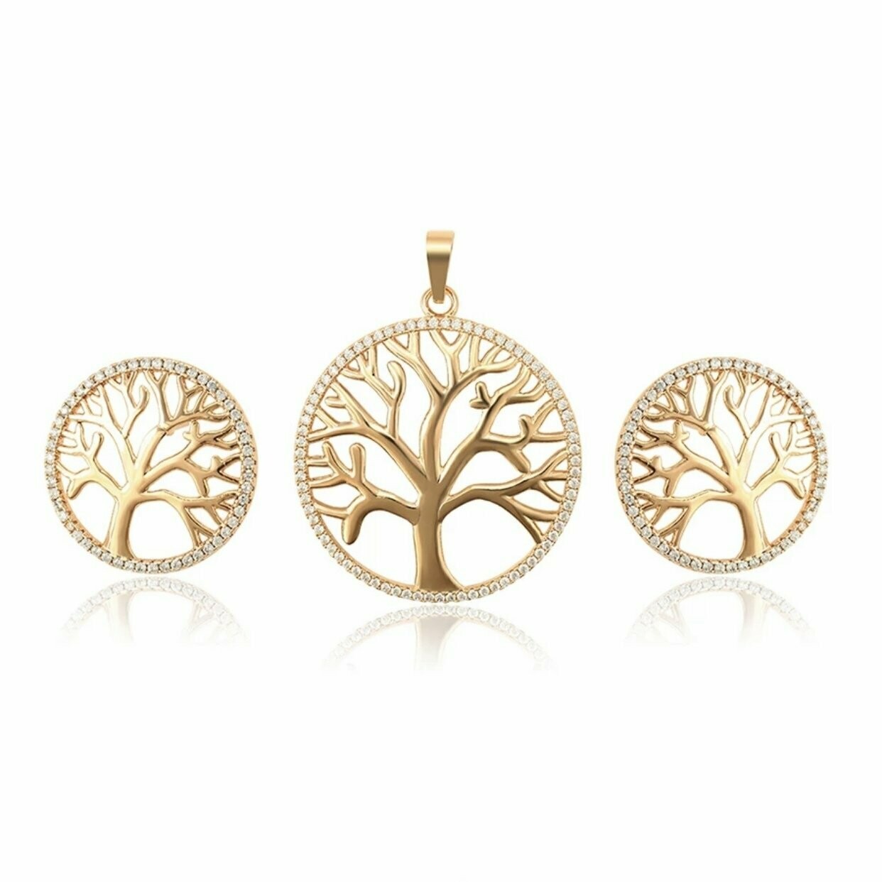 Lebensbaum Set - 18K Anhänger+Ohrringe