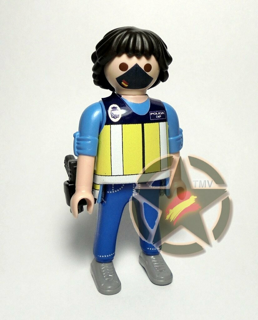 Playmobil de la Policia Nacional con mascarilla en negro y Blanco