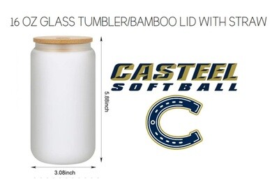 Casteel Softball 16 oz Frosted Glass Tumbler/w Bamboo Lid and Straw