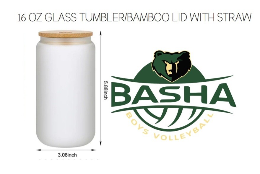 BBVB 16 oz Frosted Glass Tumbler/w Bamboo Lid and Straw