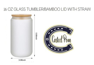 Casteel Pom 16 oz Frosted Glass Tumbler/w Bamboo Lid and Straw